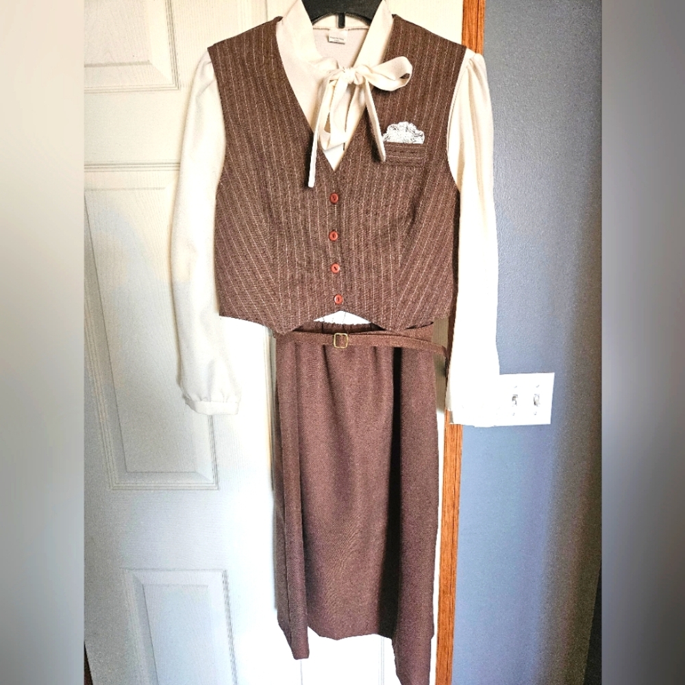 Retro Handmade Brown Pinstripe Skirt Suit/vest with White Blouse One Piece. Sz M